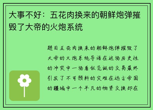 大事不好：五花肉换来的朝鲜炮弹摧毁了大帝的火炮系统