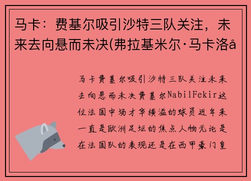 马卡：费基尔吸引沙特三队关注，未来去向悬而未决(弗拉基米尔·马卡洛夫)